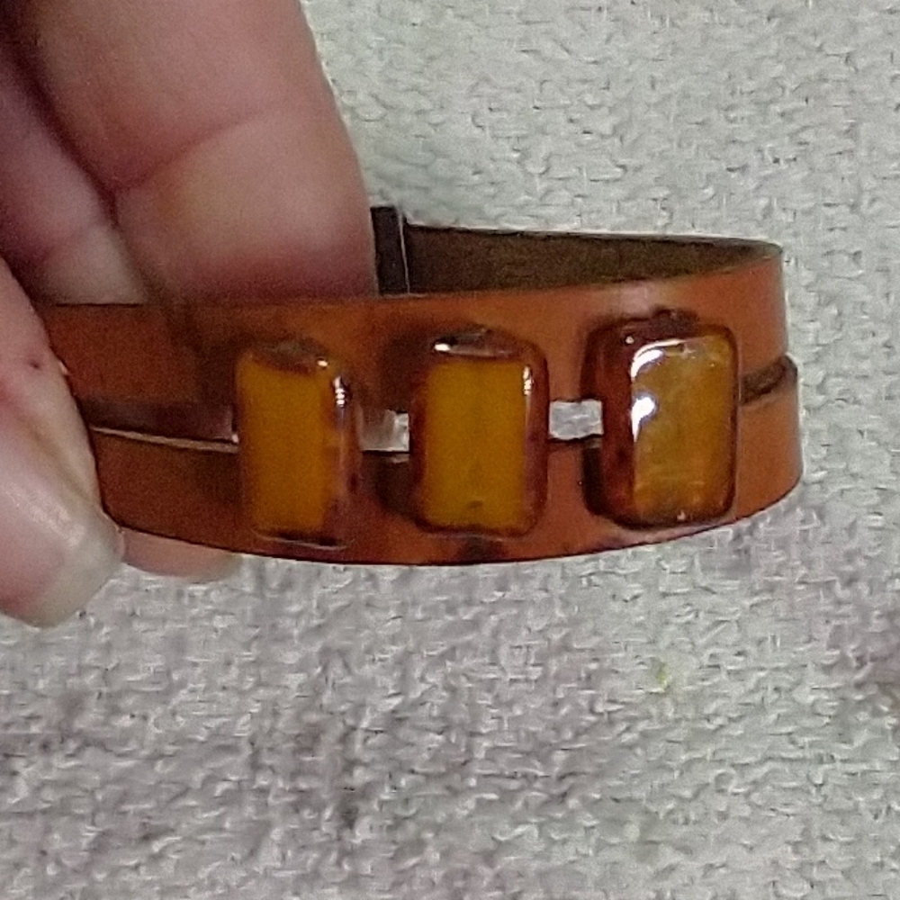 Silvertone faux amber brown leather bracelet